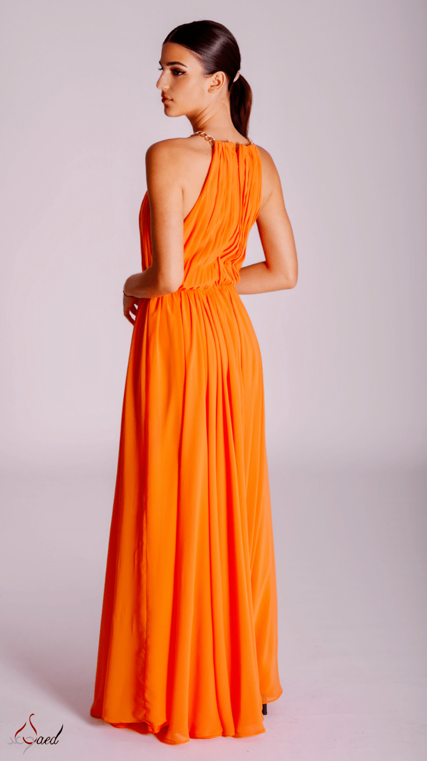 Chained Elegance Pleated Halter Neck Maxi Dress - WaedLine