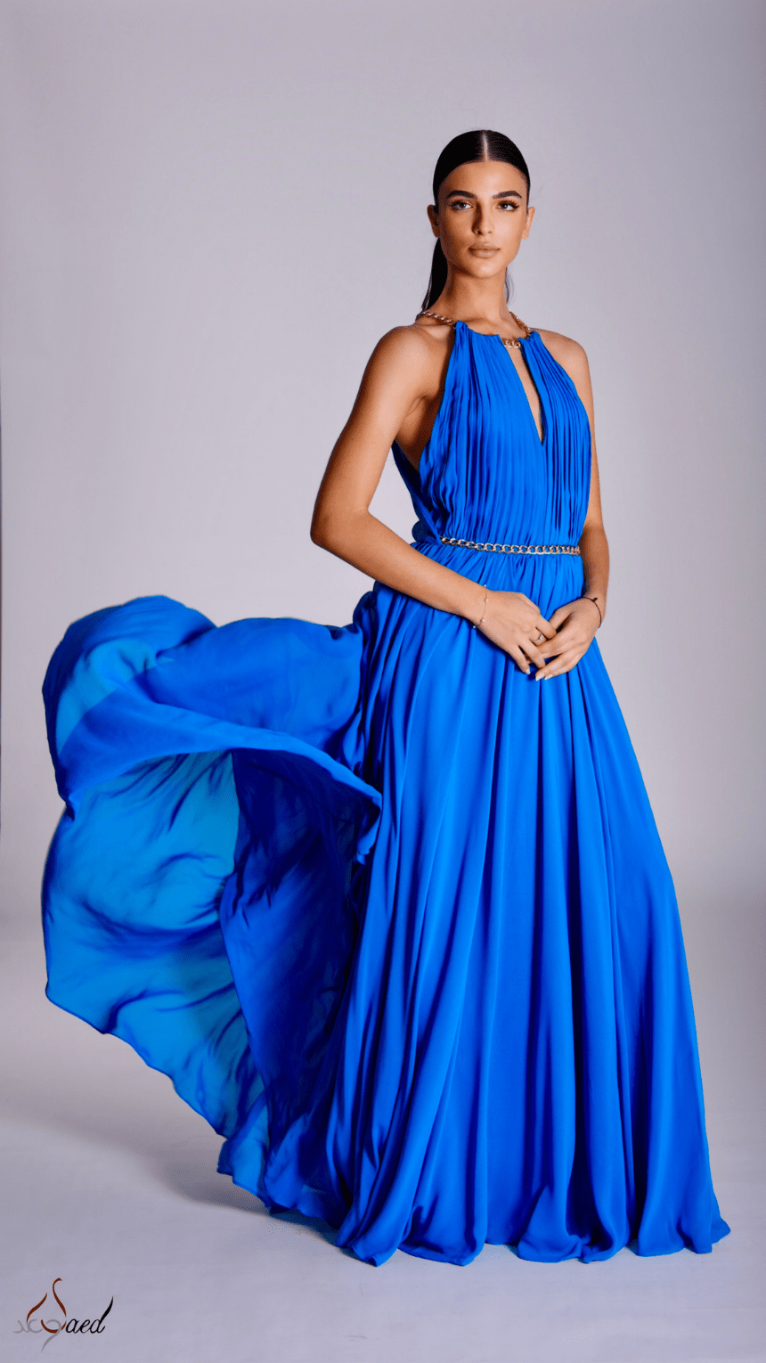 Chained Elegance Pleated Halter Neck Maxi Dress - WaedLine