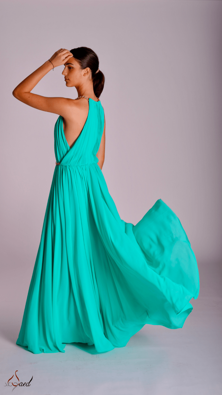 Chained Elegance Pleated Halter Neck Maxi Dress - WaedLine