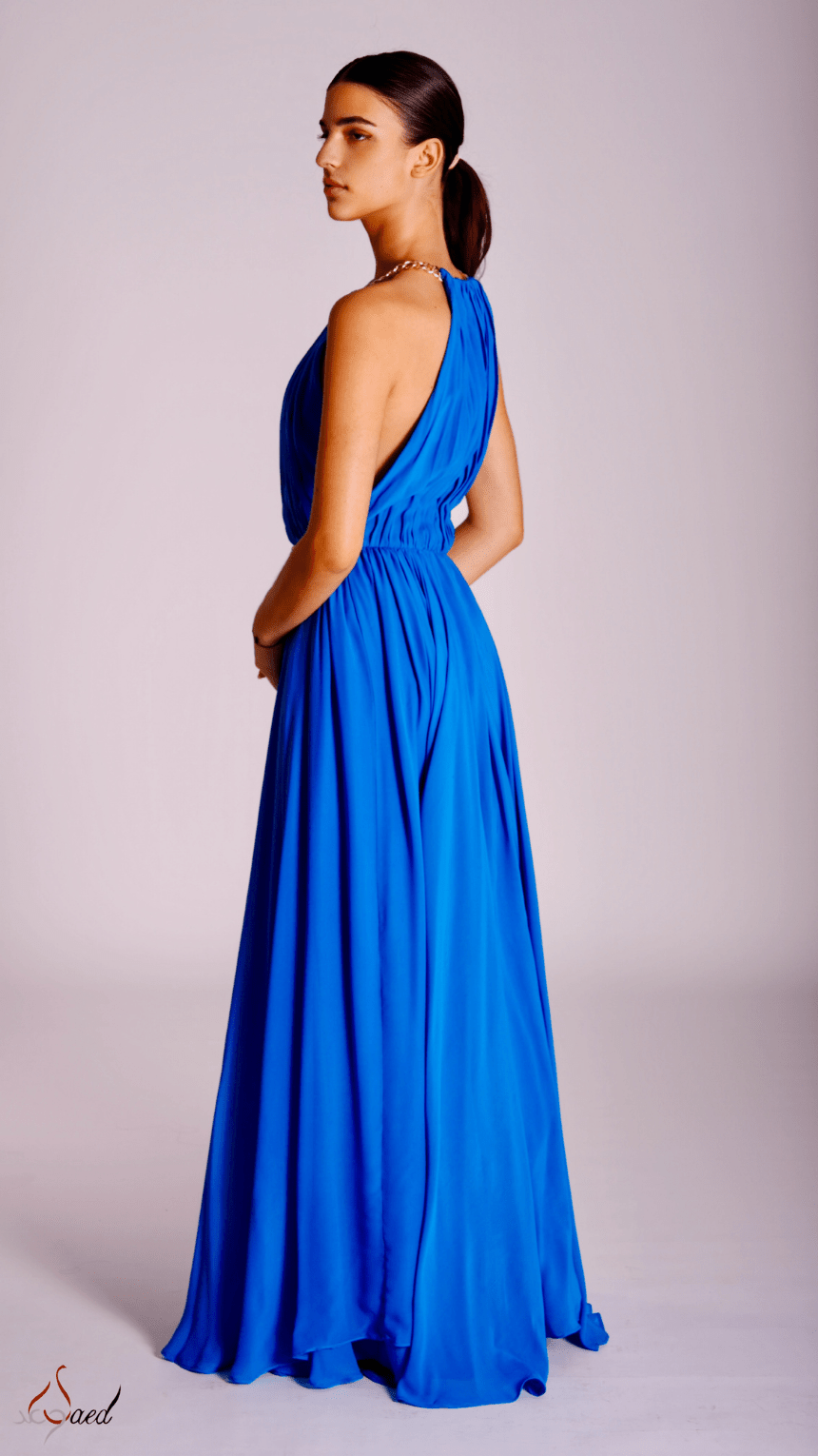 Chained Elegance Pleated Halter Neck Maxi Dress - WaedLine