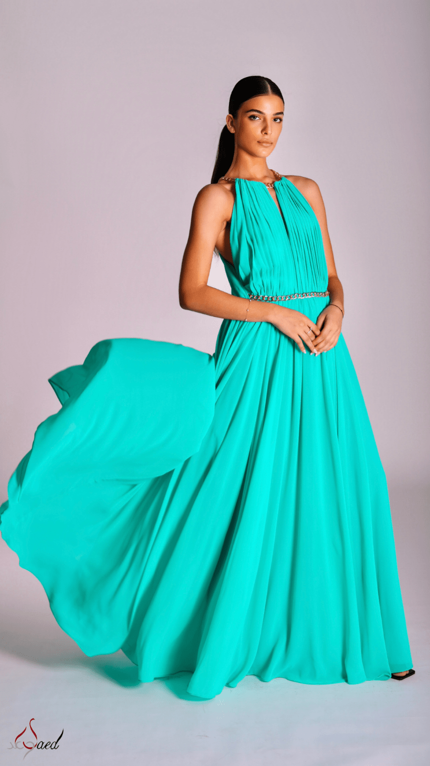 Chained Elegance Pleated Halter Neck Maxi Dress - WaedLine