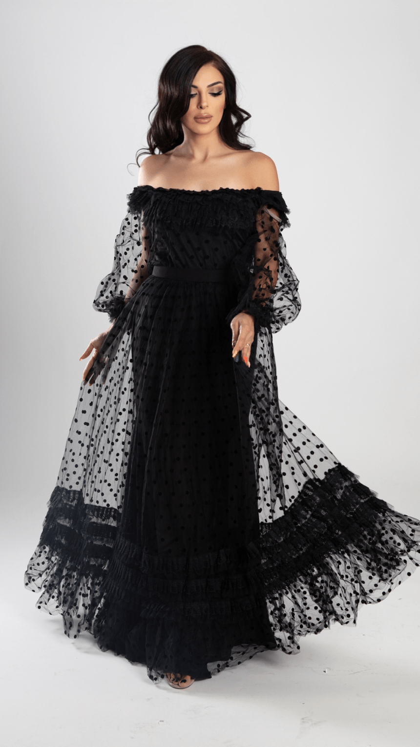Elegant Black Chiffon Tulle Long Set - Top & Skirt - WaedLine