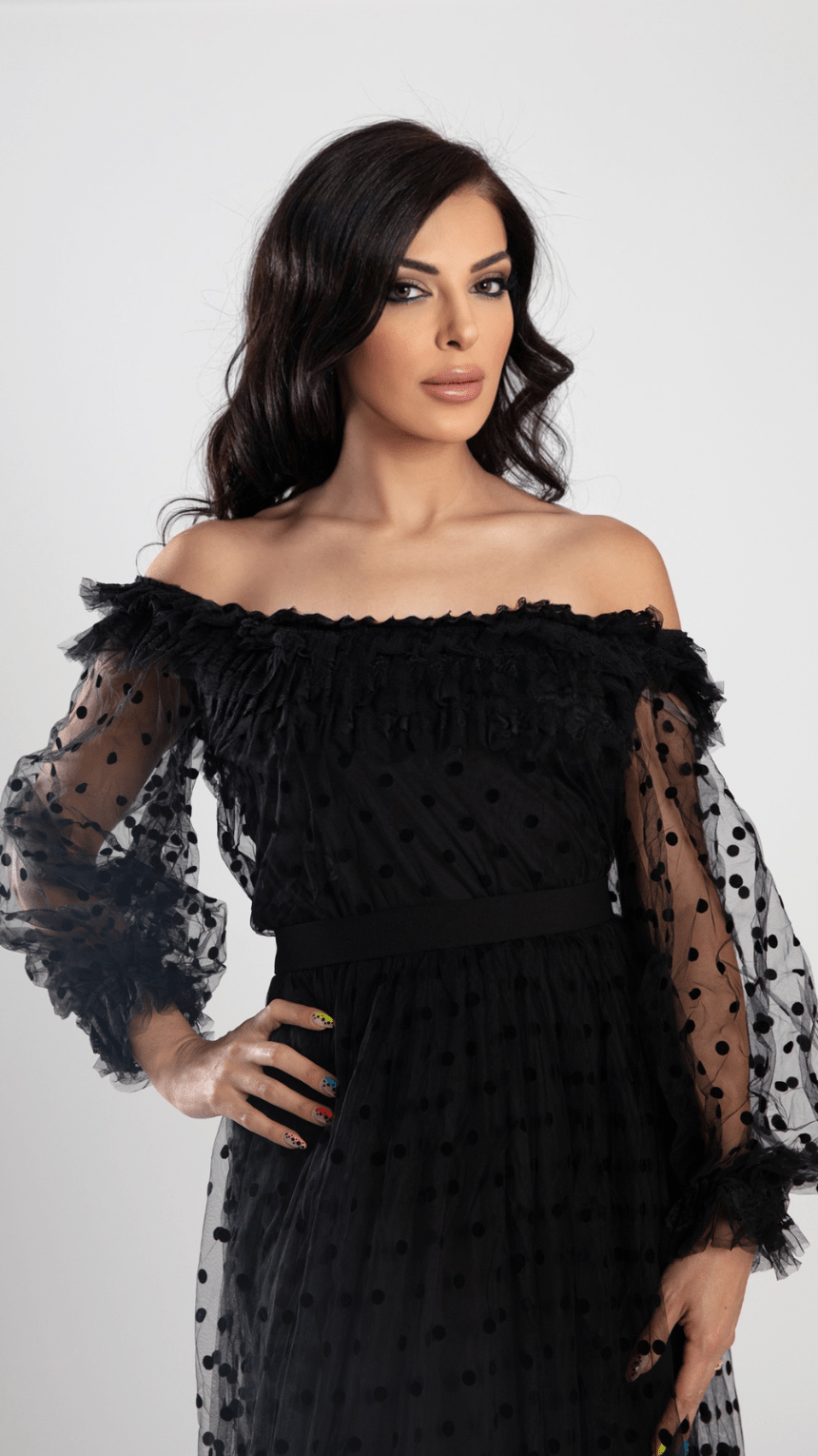 Elegant Black Chiffon Tulle Long Set - Top & Skirt - WaedLine