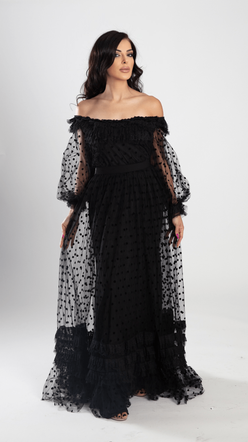 Elegant Black Chiffon Tulle Long Set - Top & Skirt - WaedLine