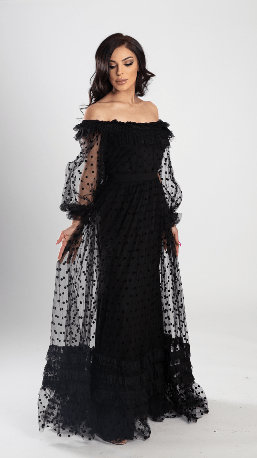 Elegant Black Chiffon Tulle Long Set - Top & Skirt - WaedLine