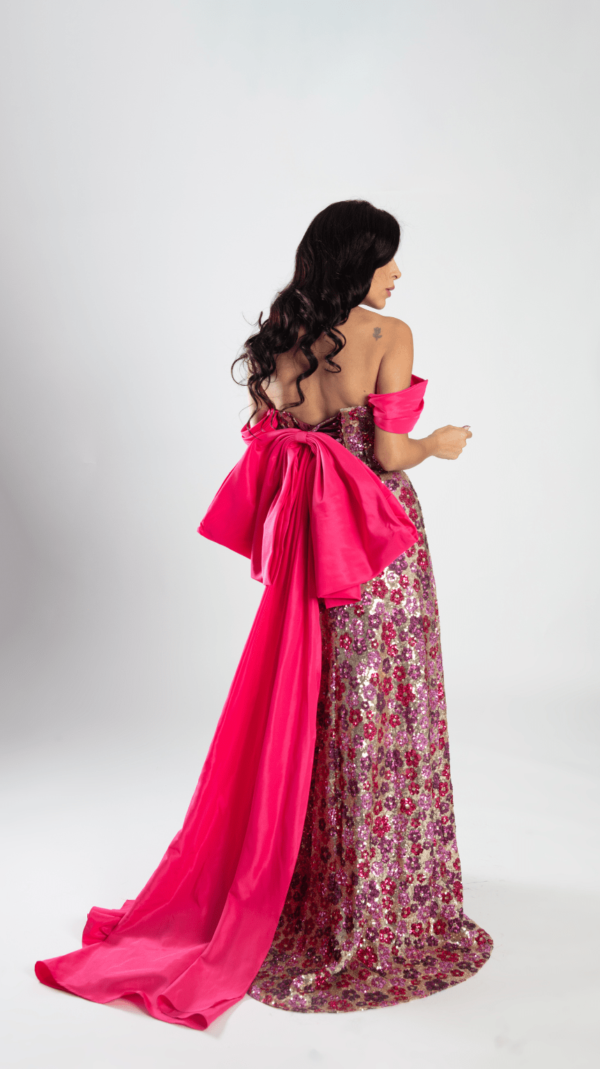 Floral Fantasy - Glittery Evening Dress with a Dramatic Back Bow - WaedLine