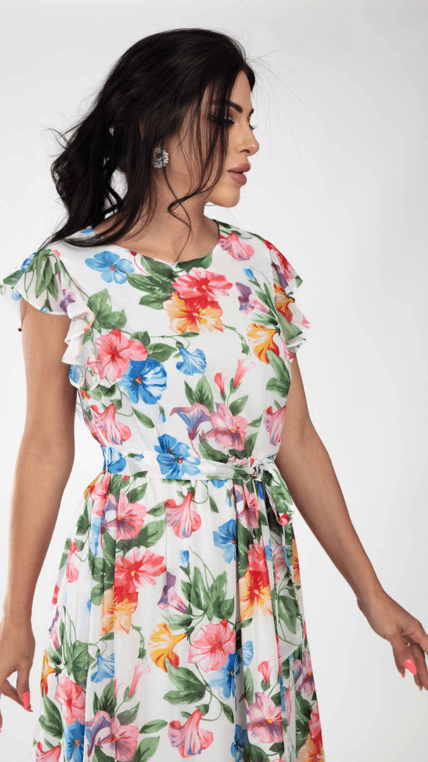 Floral Knee - Length Dress with Belt - WaedLine