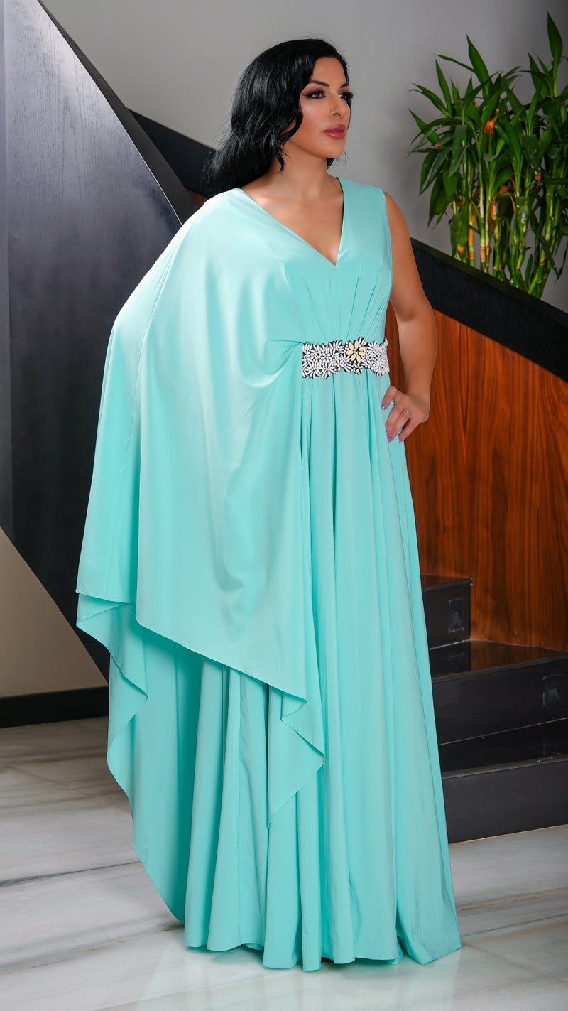Long One Shoulder Dress Designed of Crystal Belt - WaedLine