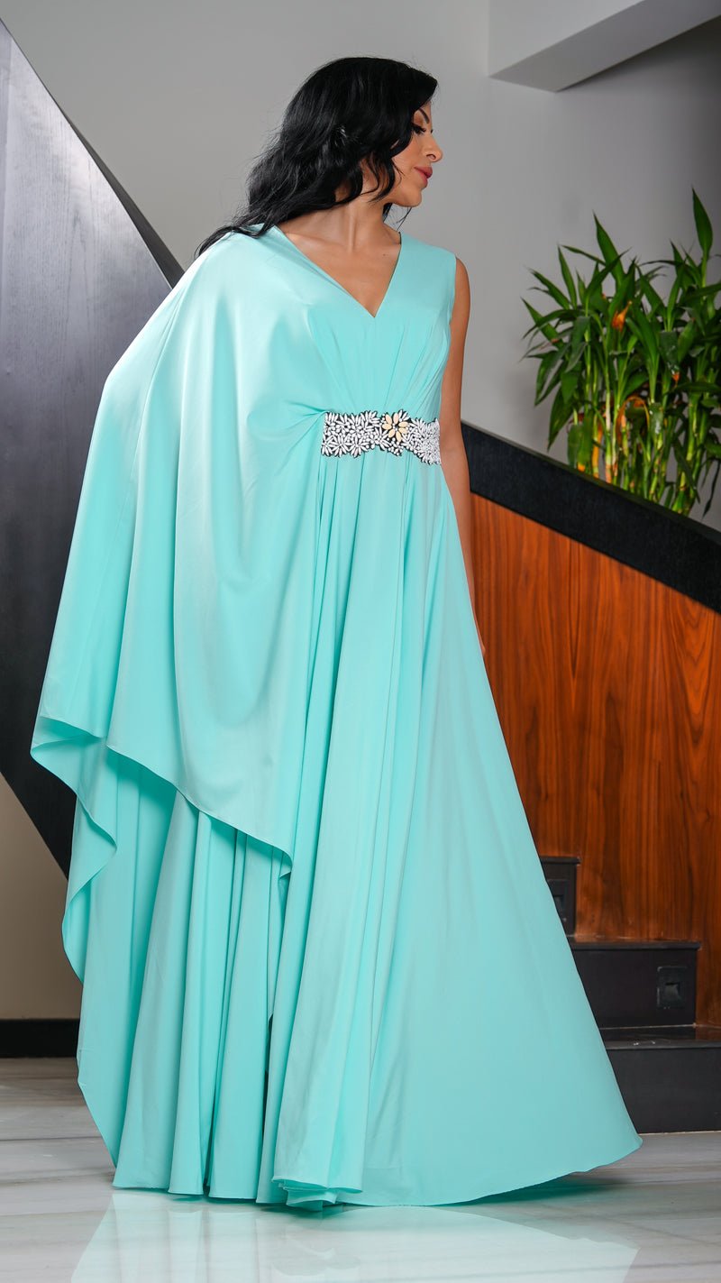 Long One Shoulder Dress Designed of Crystal Belt - WaedLine