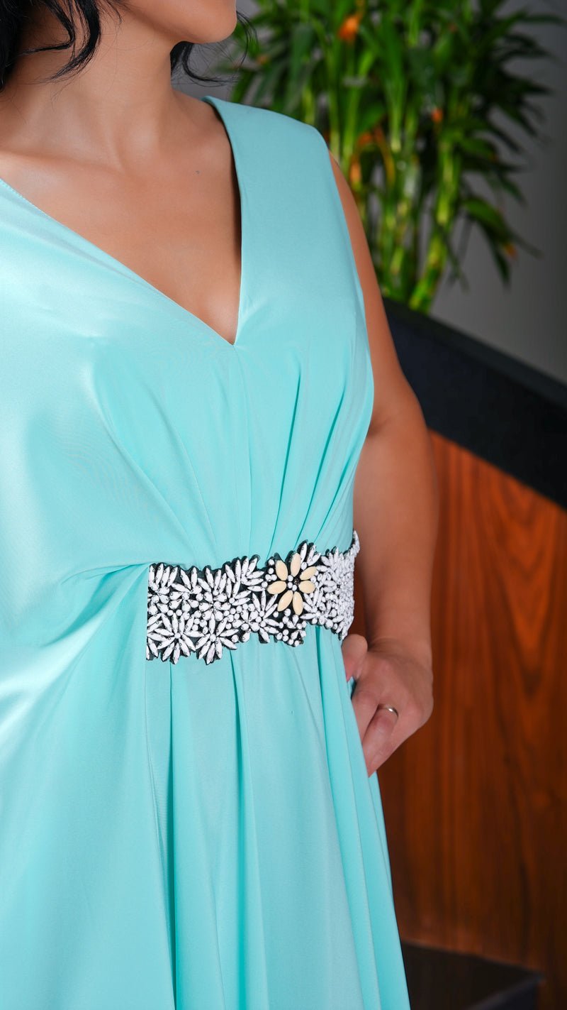 Long One Shoulder Dress Designed of Crystal Belt - WaedLine