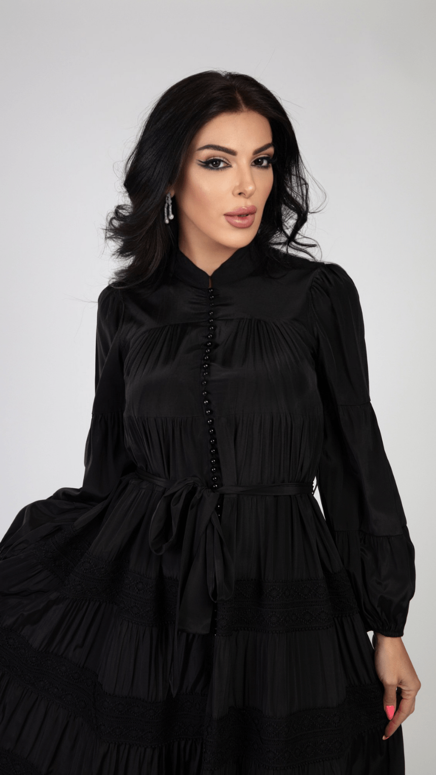 Pearl Button Long Sleeve Elegant Dress - WaedLine