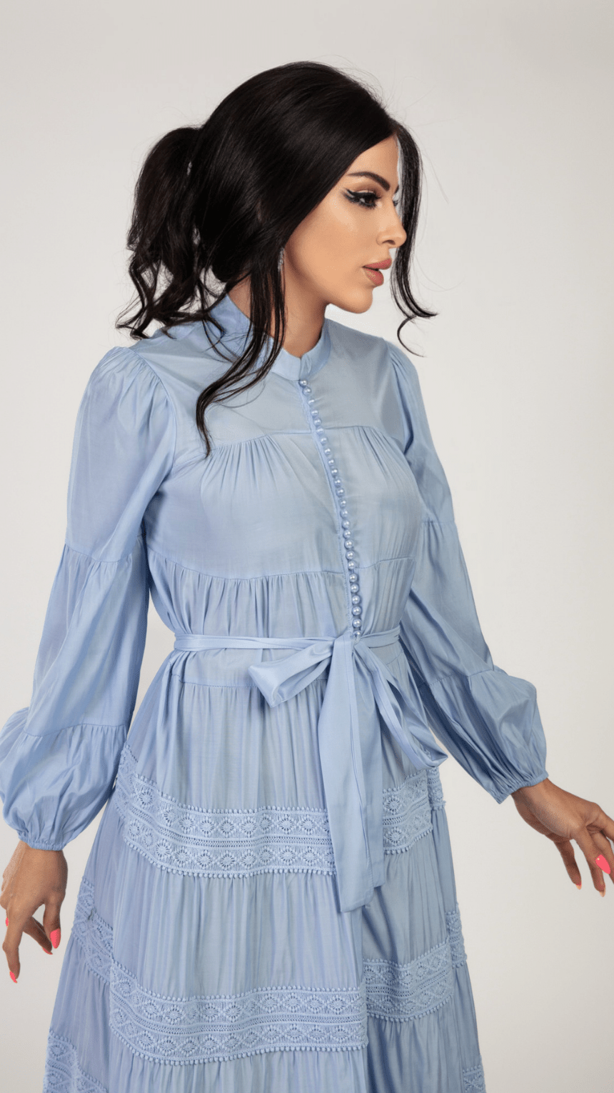 Pearl Button Long Sleeve Elegant Dress - WaedLine