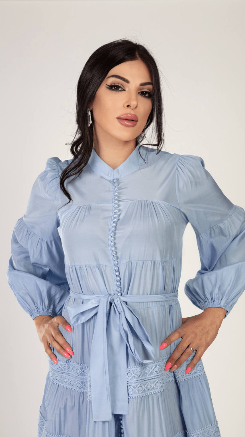 Pearl Button Long Sleeve Elegant Dress - WaedLine