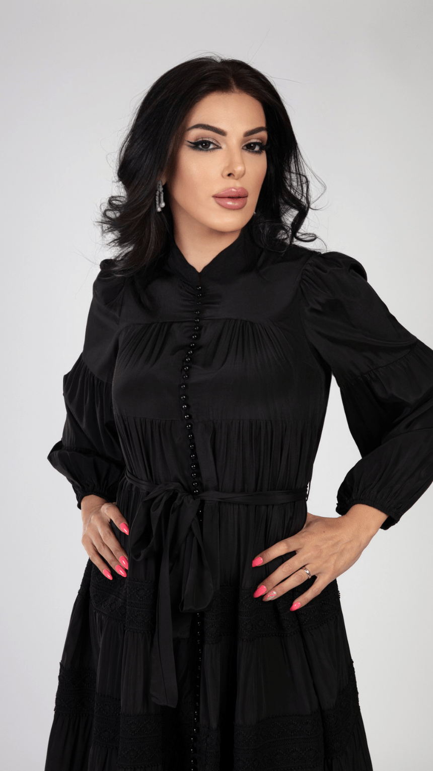 Pearl Button Long Sleeve Elegant Dress - WaedLine