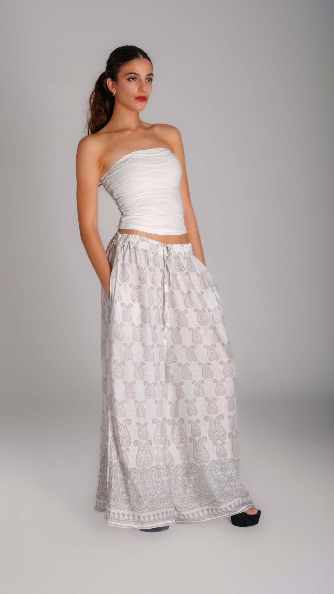 Printed Wide - Leg Cotton Pants - WaedLine
