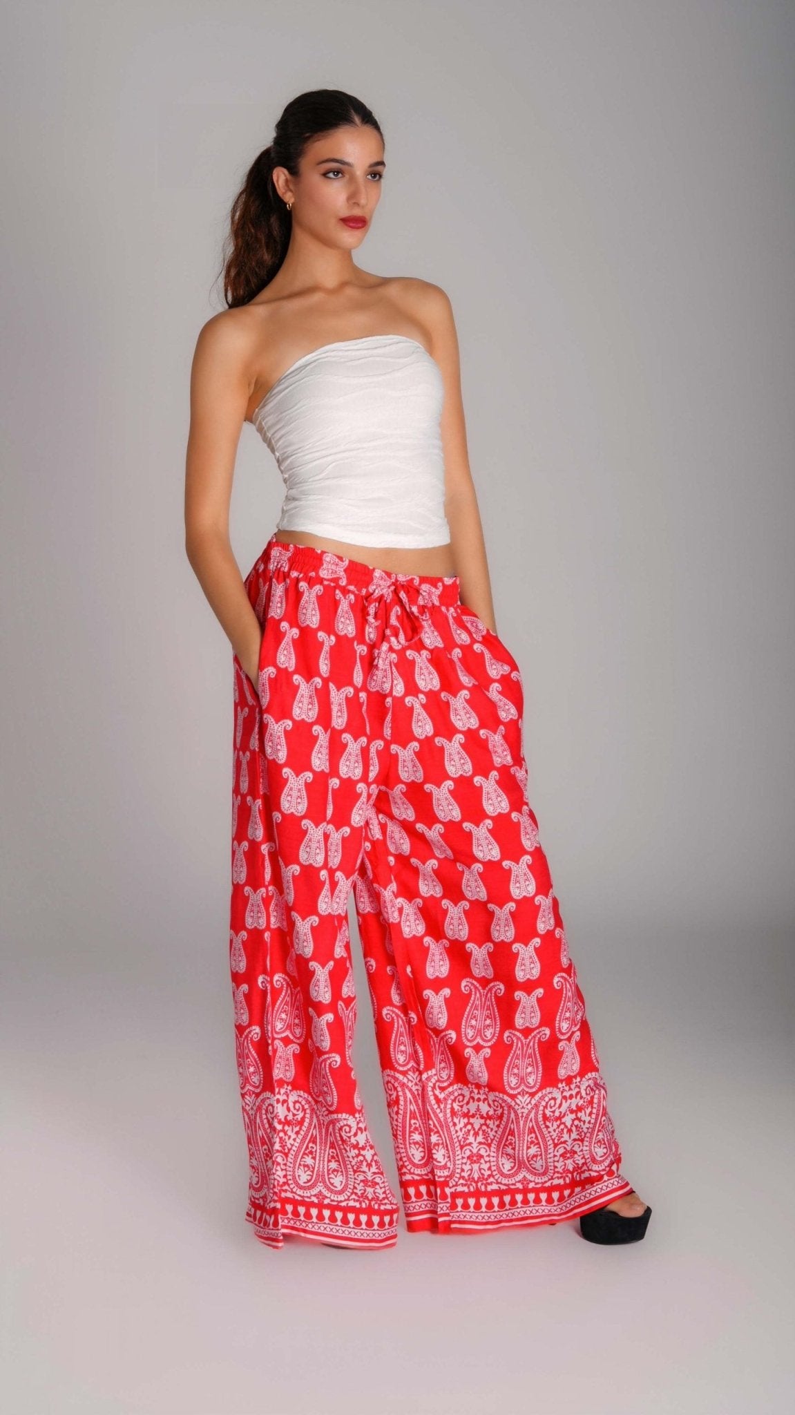 Printed Wide - Leg Cotton Pants - WaedLine