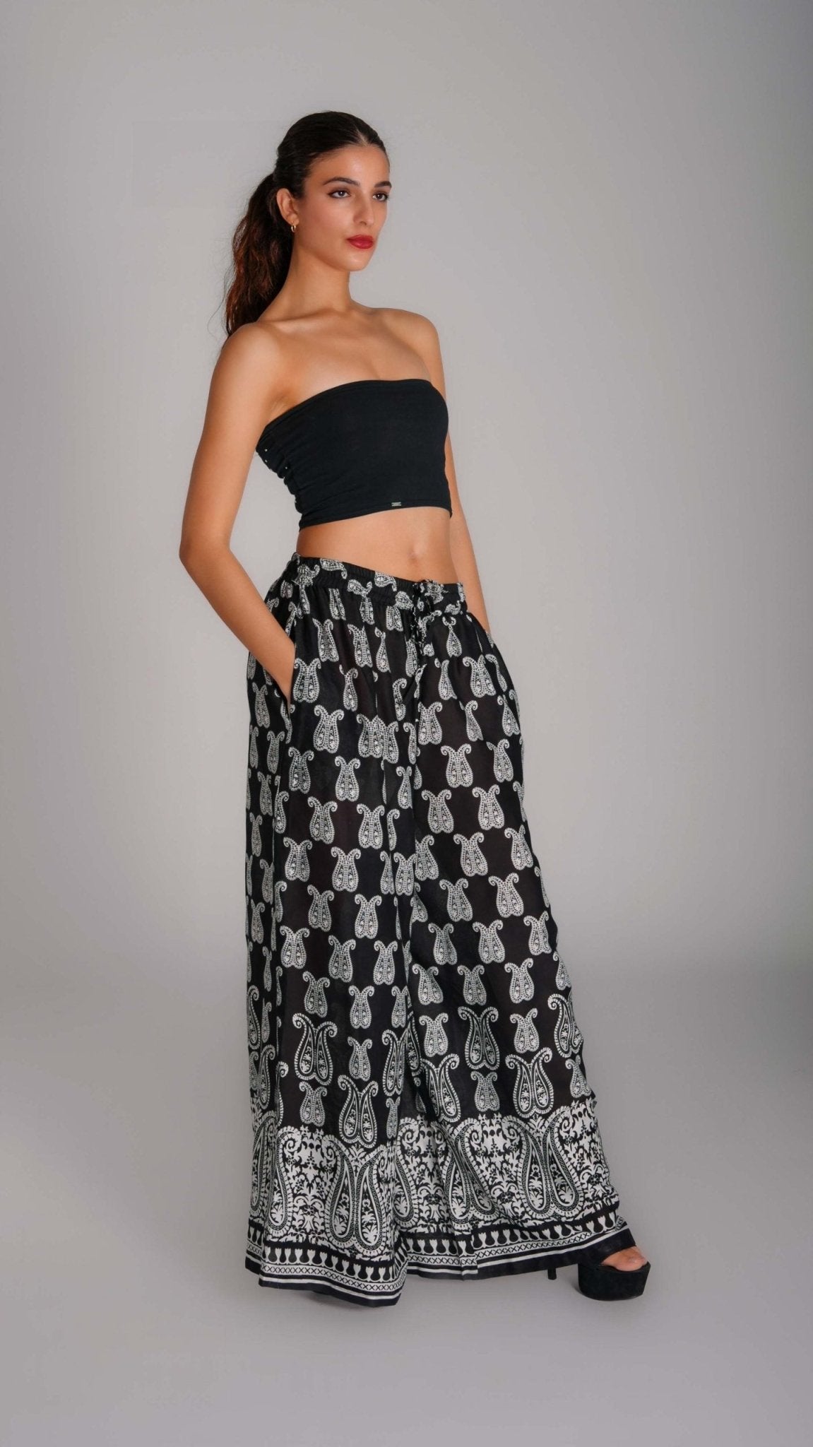 Printed Wide - Leg Cotton Pants - WaedLine