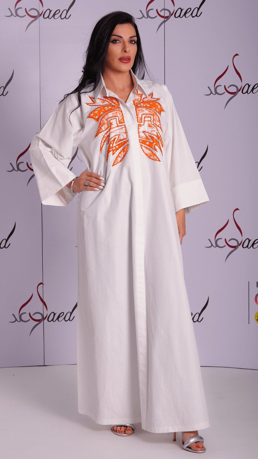 Pure Petal White Jalabiya - Leaf Embroidery - WaedLine