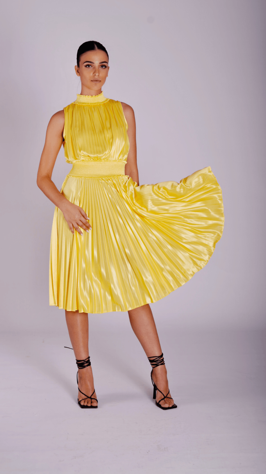Shiny Classic Flair Pleated Halter - Neck Dress - WaedLine