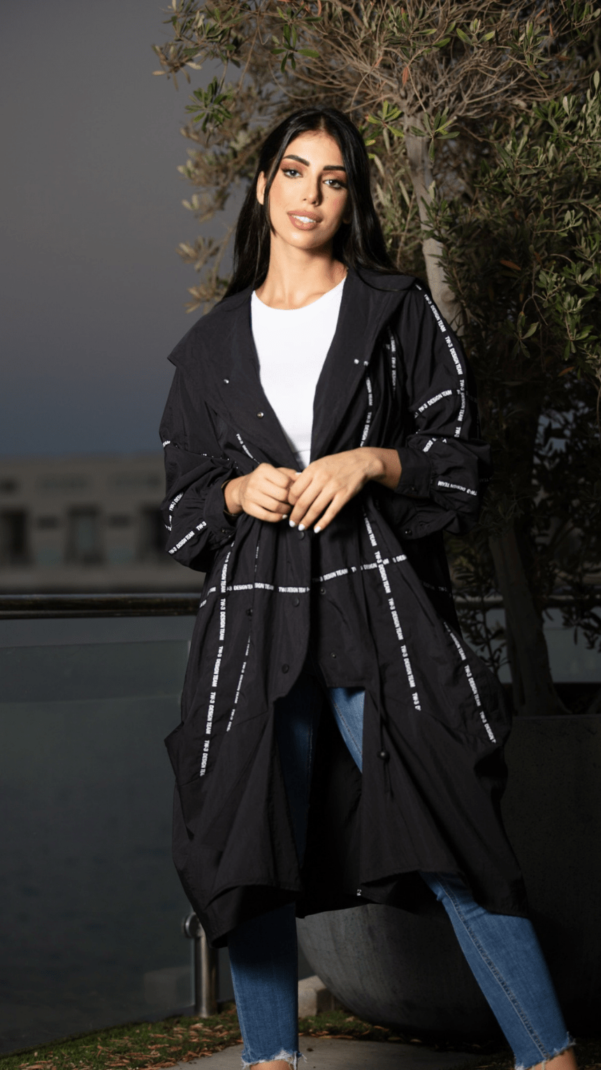 Sleek Black Coat with White Touches - WaedLine
