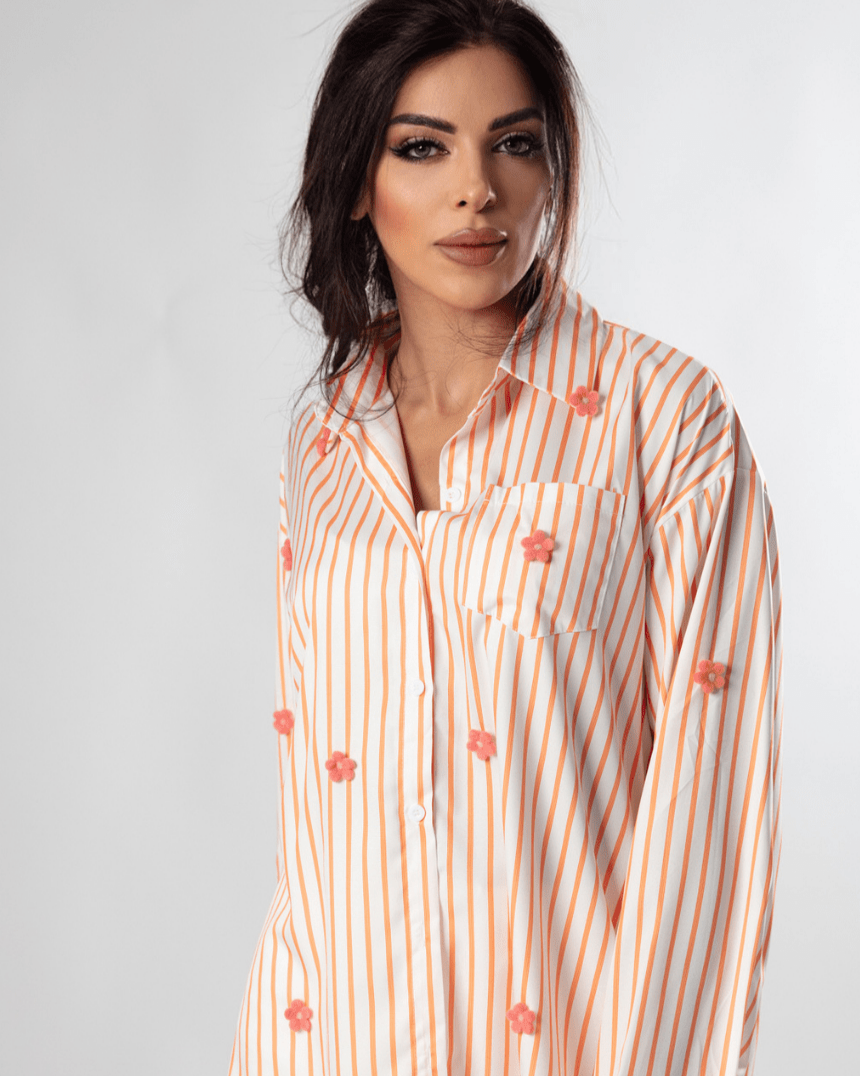 Striped Rose - Embroidered Silky Shirt - WaedLine