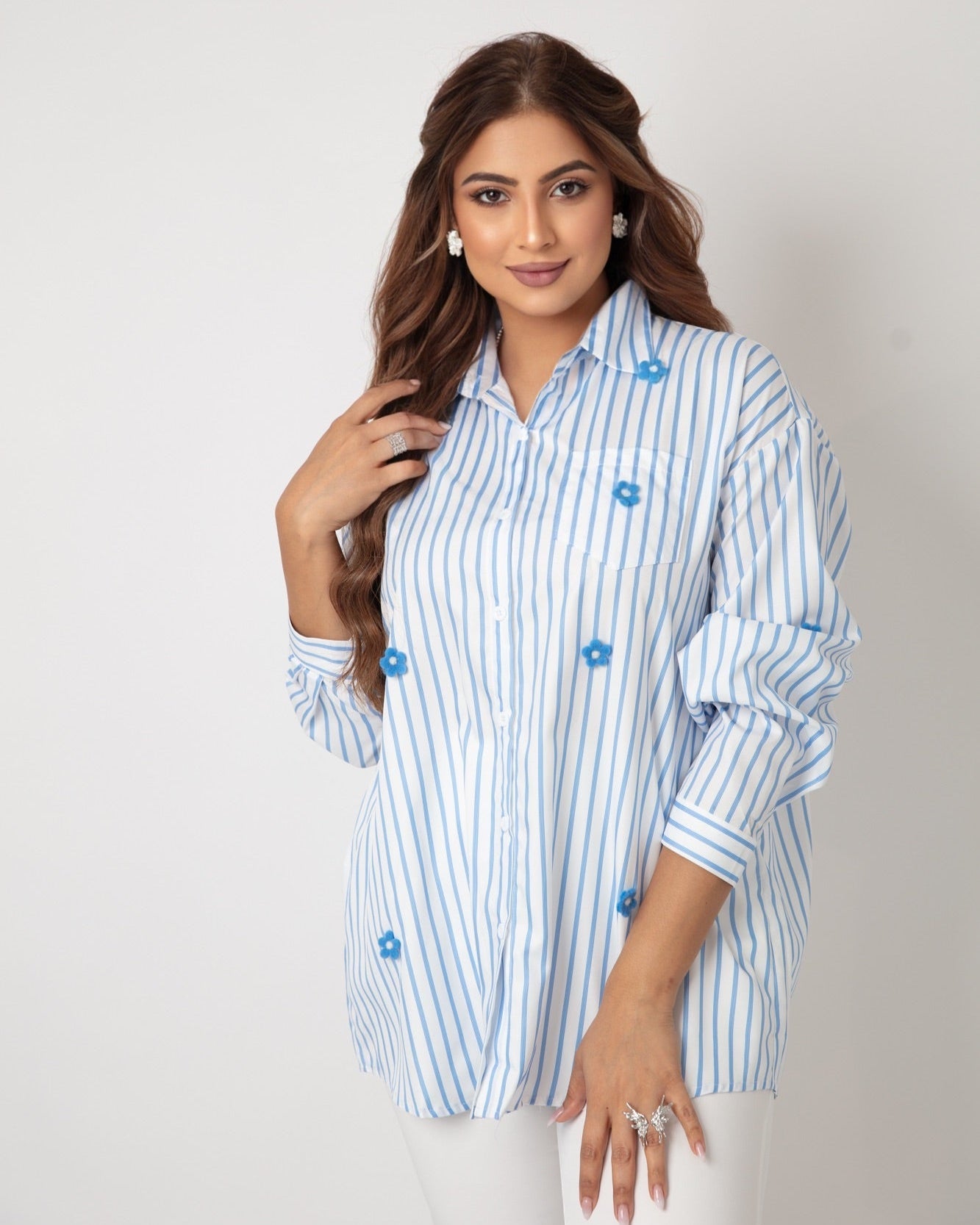 Striped Rose - Embroidered Silky Shirt - WaedLine
