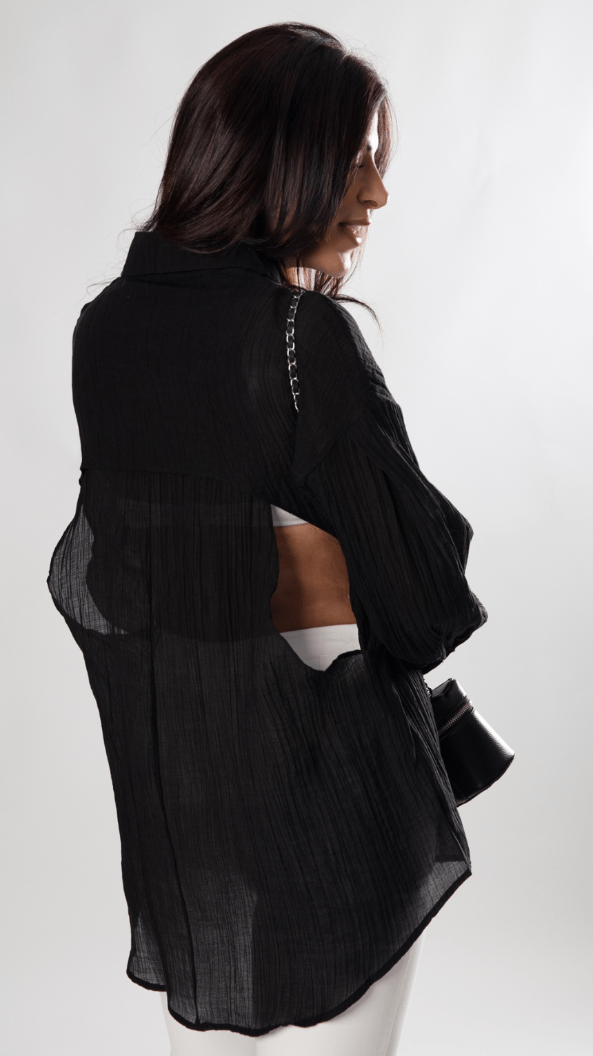 Transparent Half - Zip Elegant Women’s Top - Black/White - WaedLine