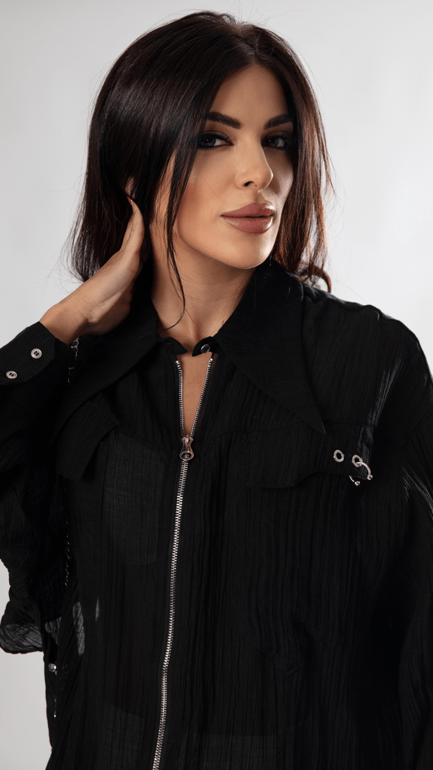 Transparent Half - Zip Elegant Women’s Top - Black/White - WaedLine