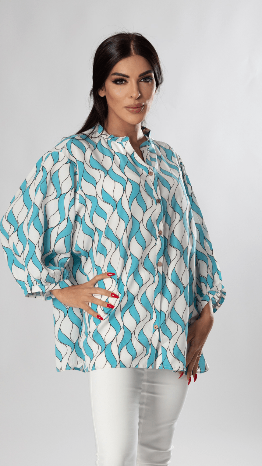 White & Blue Printed Chic Shirt - WaedLine