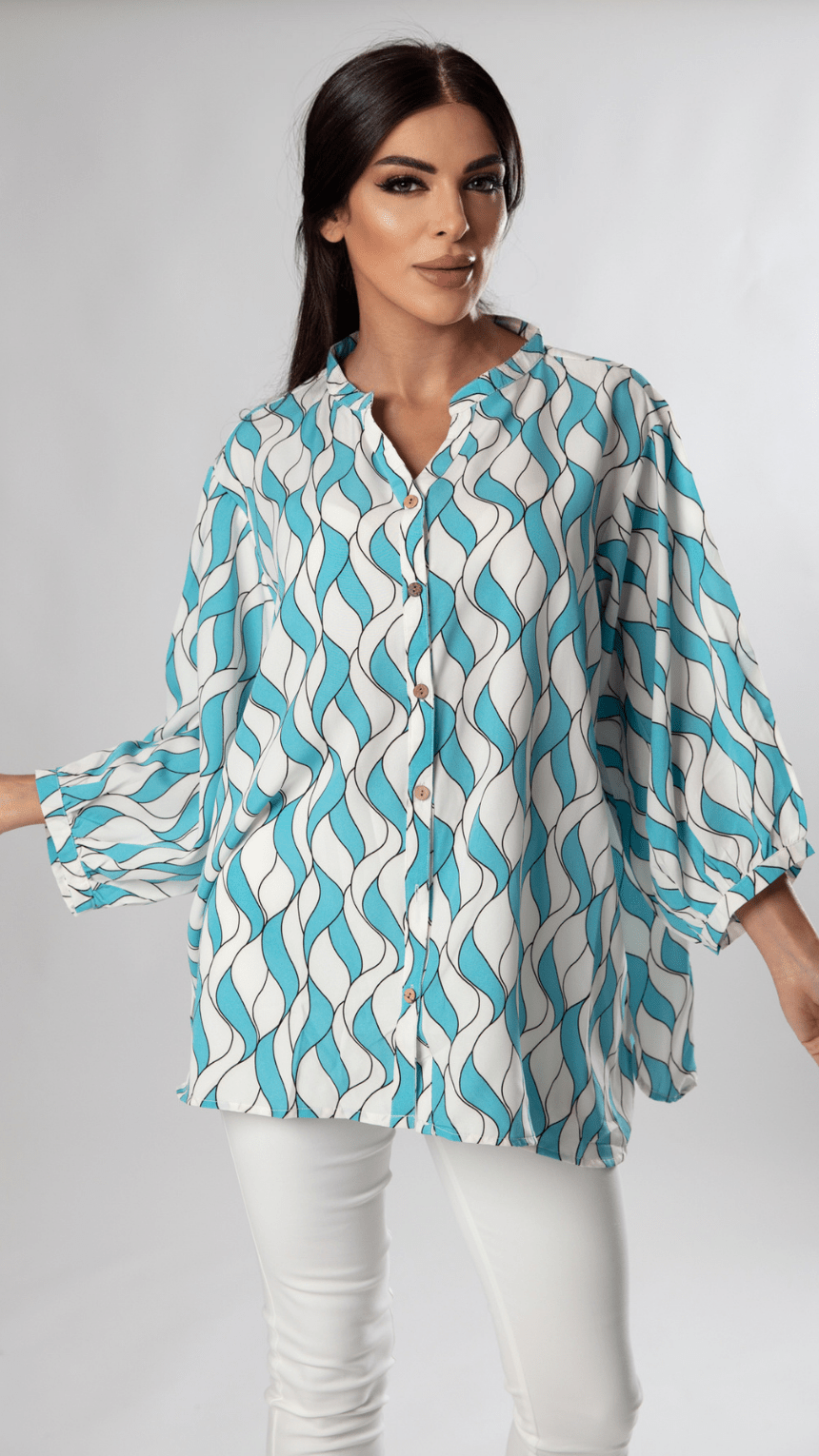 White & Blue Printed Chic Shirt - WaedLine