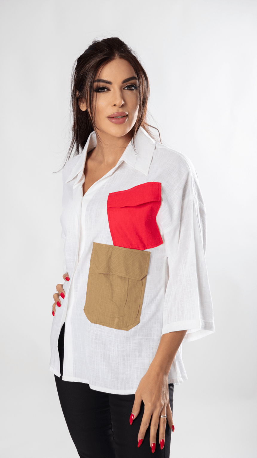 Women’s Linen Shirt with Multicolored Pockets - WaedLine