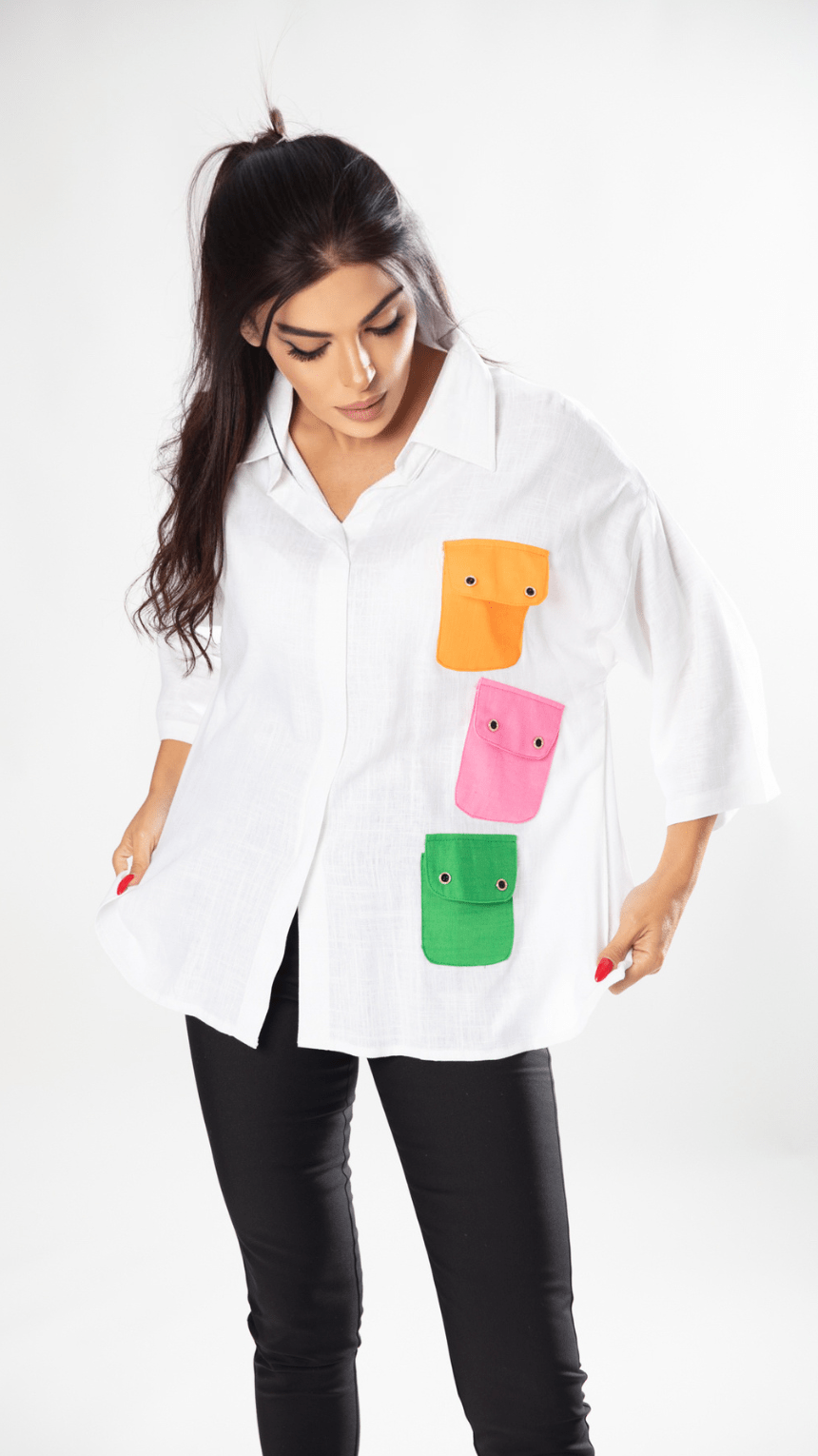 Women’s Linen Shirt with Multicolored Pockets - WaedLine