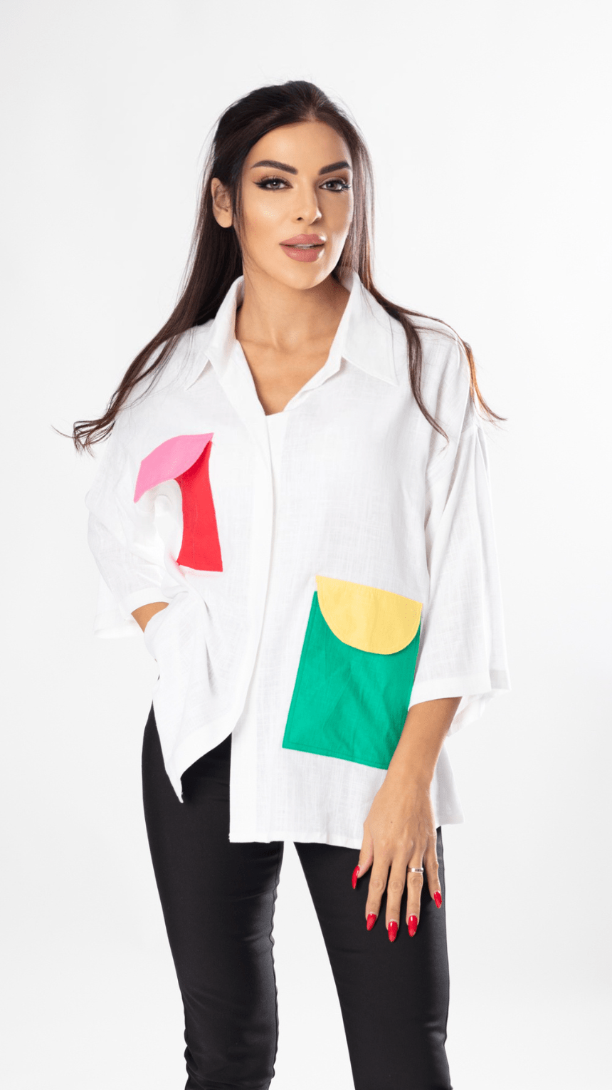 Women’s Linen Shirt with Multicolored Pockets - WaedLine