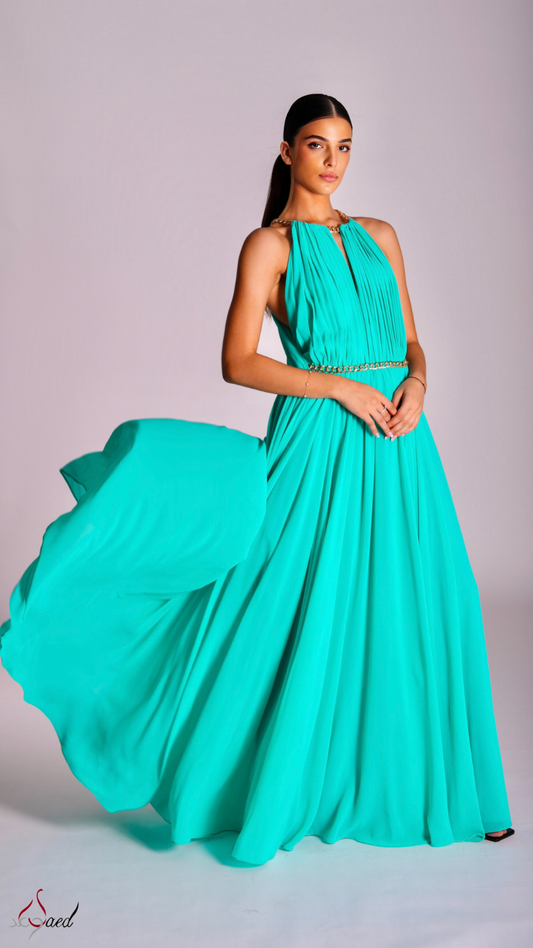 Chained Elegance Pleated Halter Neck Maxi Dress