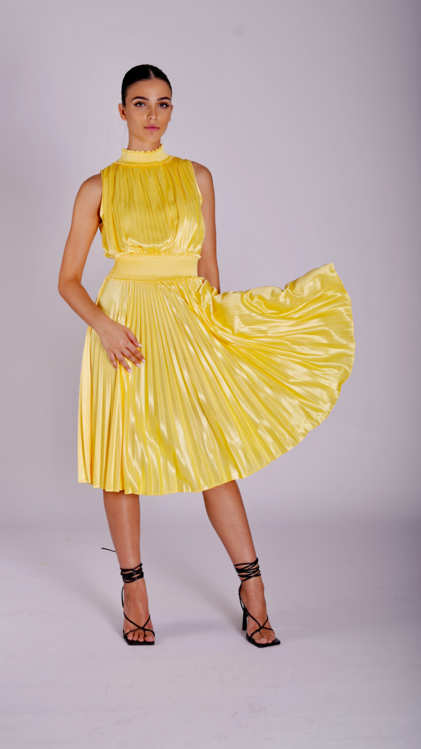 Shiny Classic Flair Pleated Halter-Neck Dress