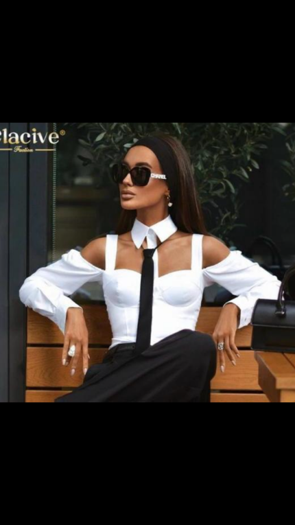 Chic Off-Shoulders Polo neck Shirt