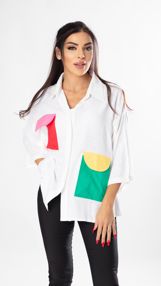 Women’s Linen Shirt with Multicolored Pockets