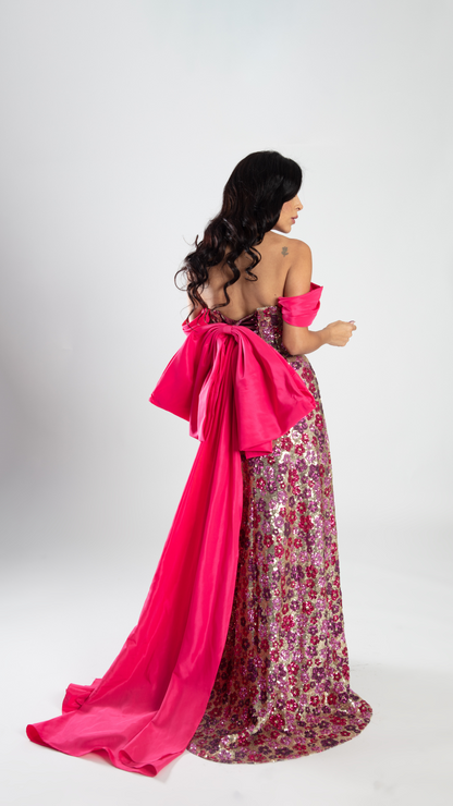 Floral Fantasy - Glittery Evening Dress with a Dramatic Back Bow