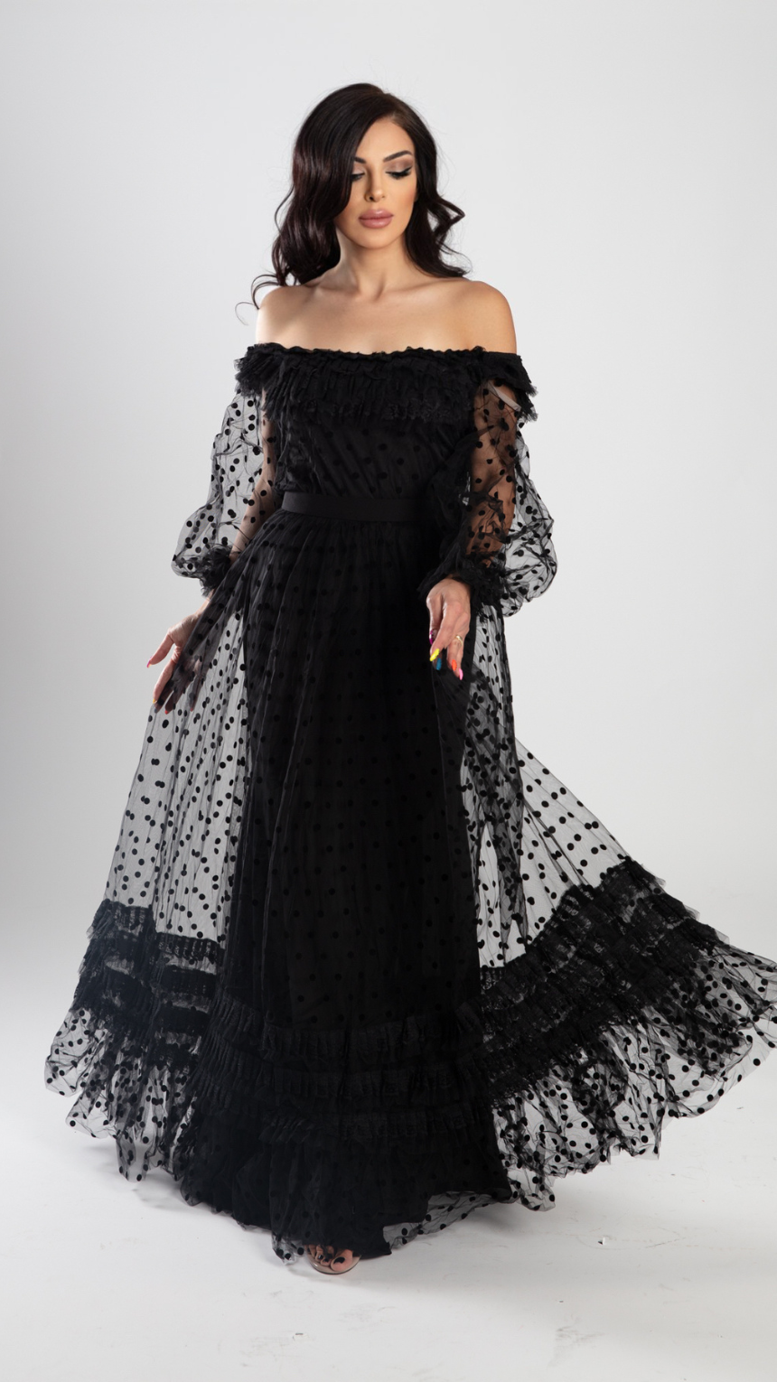 Elegant Black Chiffon Tulle Long Set - Top & Skirt