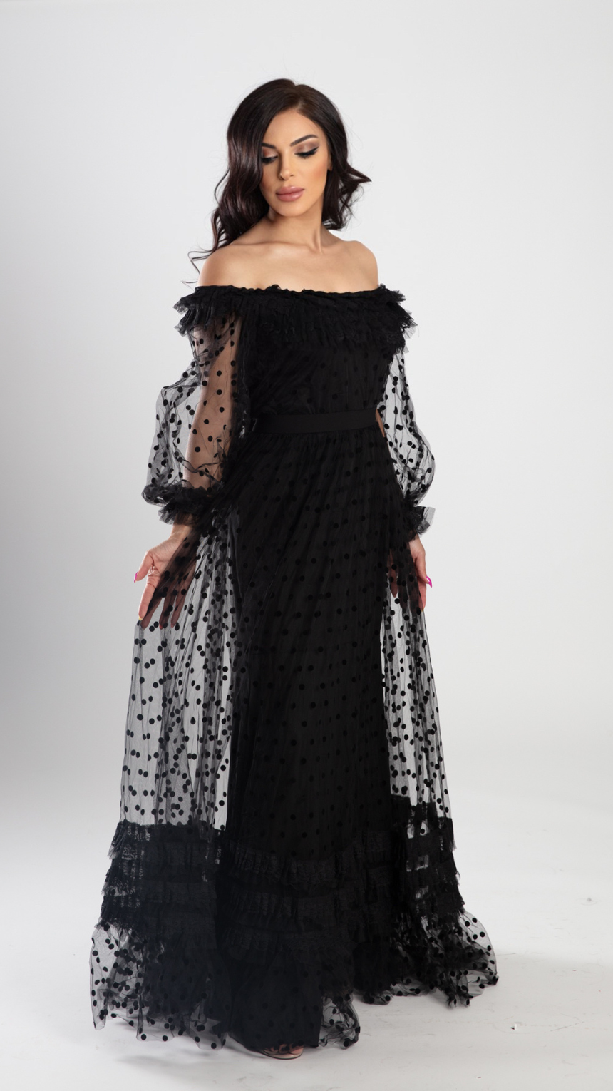 Elegant Black Chiffon Tulle Long Set - Top & Skirt