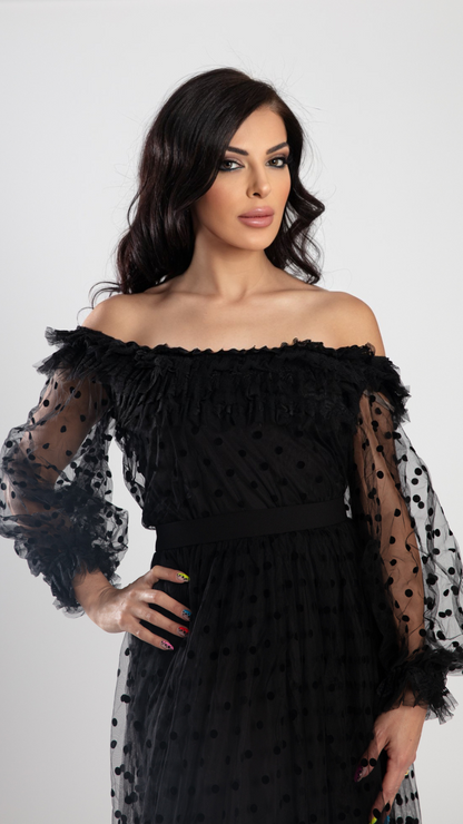 Elegant Black Chiffon Tulle Long Set - Top & Skirt