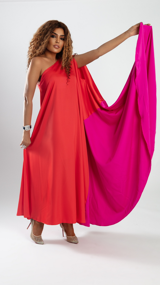 Vibrant One-Shoulder Fuchsia & Orange Dress