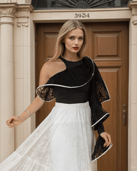 One - Shoulder Ruffle Lace Top - WaedLine
