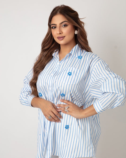 Striped Rose - Embroidered Silky Shirt - WaedLine