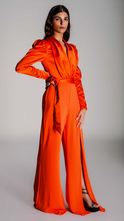 Long Sleeve Lapel Belt Wide Leg Jumpsuit