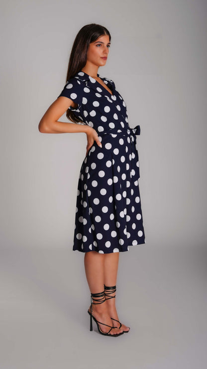 Polka Dot Split Hem Belted Dress